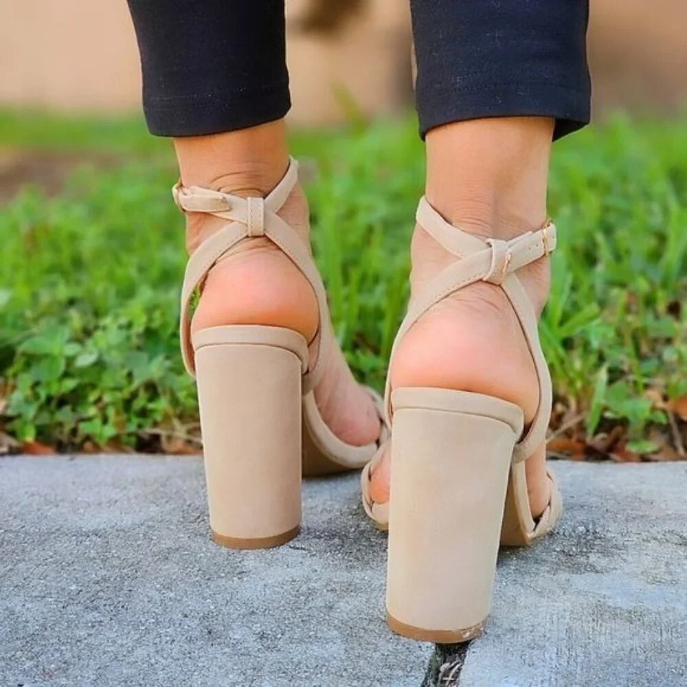 Chic Women’s Nude Braided High Heel Sandals with Side Buckle - Picture 4 of 5